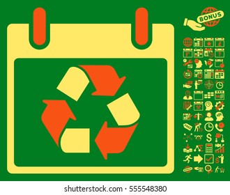 Recycle Calendar Day pictograph with bonus calendar and time management clip art. Vector illustration style is flat iconic symbols, orange and yellow, green background.