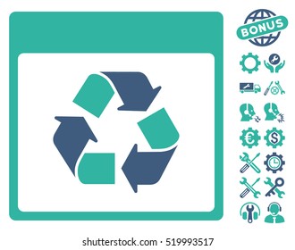 Recycle Calendar Page icon with bonus setup tools symbols. Vector illustration style is flat iconic symbols, cobalt and cyan, white background.