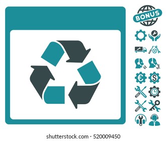 Recycle Calendar Page icon with bonus options graphic icons. Vector illustration style is flat iconic symbols, soft blue, white background.