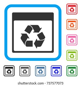 Recycle Calendar Page icon. Flat grey iconic symbol inside a light blue rounded square. Black, gray, green, blue, red, orange color additional versions of Recycle Calendar Page vector.
