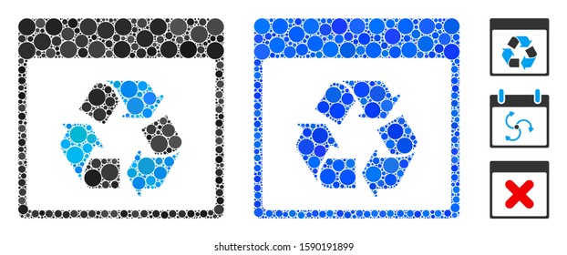 Recycle calendar page mosaic of filled circles in variable sizes and color tinges, based on recycle calendar page icon. Vector filled circles are grouped into blue mosaic.