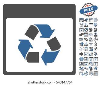 Recycle Calendar Page pictograph with bonus calendar and time management images. Vector illustration style is flat iconic symbols, cobalt and gray, white background.