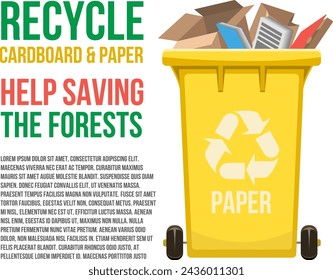 Recycle cardboard and paper vector illustration. Help saving the forests banner. Separating and recycling garbage vector infographic. Garbage recycling illustration