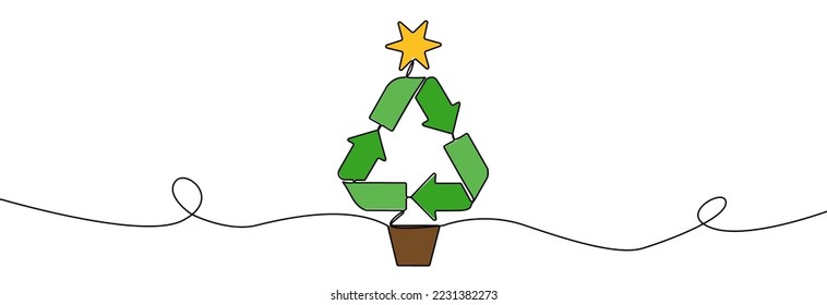 Recycle christmas three one line.Chrismas three with recycle symbol continuous line.Recycling icon hand drawn.Christmas recycle pine tree.Green Christmas.