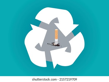 
Recycle cigarette butts. Ecology. Recycling symbol on a cigarette butt