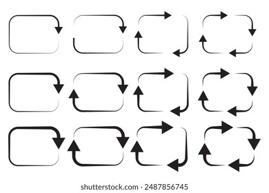 Recycle circle arrows icon set. different circular arrows of black color, different thickness in white background. rectangle shape. Vector illustration. Stock image.