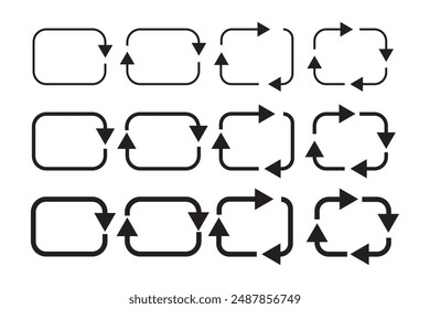 Conjunto de iconos de flechas de círculo de reciclaje. diferentes flechas circulares de color negro, diferente grosor en fondo blanco. forma de rectángulo. Ilustración vectorial. Imagen estándar.