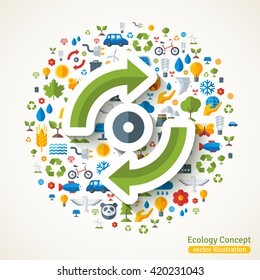 Recycle circle flat sticker. Vector concept illustration with icons of ecology, environment, green energy and pollution. Save the planet. Eco Technology.