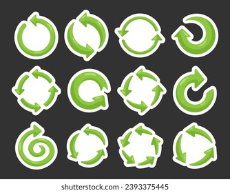 Kreislauf von kreisförmigen grünen Pfeilen. Aufkleber-Lesezeichen. Rundwinkel. Handgezeichnet. Vektorgrafik. Sammlung von Design-Elementen.