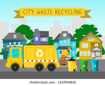 Recycle City Waste Garbage Truck Banner Bin Trash Vector Illustration. Rubbish Container Electronic Household Ewaste Can Recycling. Conservation Box Dirty Dustbin Factory Tool.