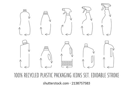 Reciclar el concepto de la clasificación de residuos de botellas de limpieza y de iconos de reciclaje de basura. Trazo editable. Ilustración de material vectorial aislada en el fondo blanco para la impresión del logotipo de embalaje. EPS10 