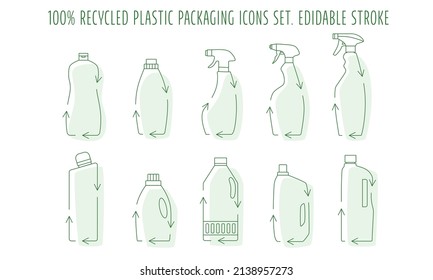 Recycle cleaning bottle and garbage recycling icon set concept of waste sorting. Editable stroke. Vector stock illustration isolated on white background for packaging logo print. EPS10 