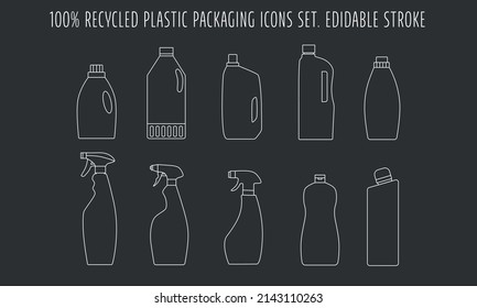 Recycle cleaning bottle and garbage recycling icon concept of waste sorting. Editable stroke. Vector stock illustration isolated on black chalkboard background for packaging logo print. EPS10 