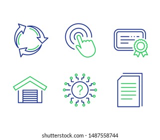 Recycle, Click and Question mark line icons set. Certificate, Parking garage and Copy files signs. Recycling waste, Cursor pointer, Quiz chat. Verified document. Business set. Vector