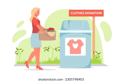 Recycle clothes donation, eco friendly fashion and charity vector illustration. Cartoon woman holding box to donate old used pile of shirts and dresses to cloth bank container for poor people