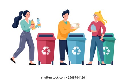 Recycle concept. Ecology and environment care. Idea of garbage reuse. Sorting paper and plastic rubbish. illustration in cartoon style