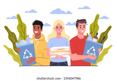 Recycle concept. Ecology and environment care. Idea of garbage reuse. Volunteers picking up and sorting paper and plastic rubbish. Garbage collection. Vector illustration in cartoon style