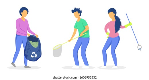 Recycle concept. Ecology and environment care. Idea of garbage reuse. Volunteers picking up and sorting paper and plastic rubbish. Garbage collection with family. Isolated flat vector illustration