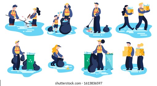 Recycle concept. Ecology and environment care. Idea of garbage reuse. Volunteers picking up and sorting paper and plastic rubbish. Vector illustration in cartoon style