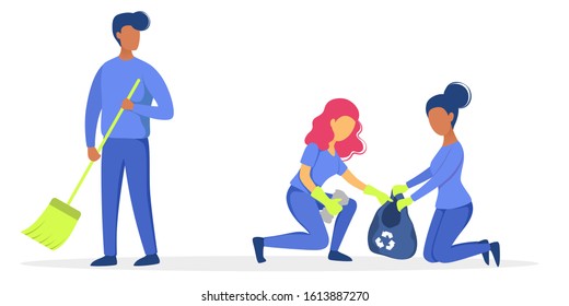 Recycle concept. Ecology and environment care. Idea of garbage reuse. Volunteers picking up and sorting paper and plastic rubbish. Garbage collection with family. Isolated flat vector illustration