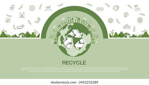 Recycle concept. Green city on earth and sustainable development. save the planet and energy concept. Green icon on green background. Vector illustration.