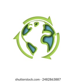 Recycle concept. Green Earth and Green Arrow. Paper art style. Sustainable concept of Green energy, ecology and environment. Vector Illustration.