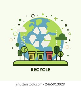 Recycle concept. Green Earth background. Flat minimal style. Vector Illustration.