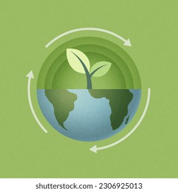 Recycle concept with green plant on earth background. Ecology and Environment conservation resource sustainable.Vector illustration.