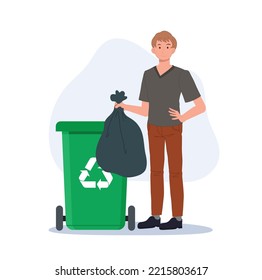 Recycle concept. Happy man throws away trash into green trash bin with recycling symbol. Vector illustration