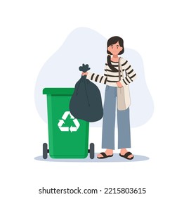 Recycle concept. Happy woman throws away trash into green trash bin with recycling symbol. Vector illustration