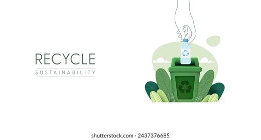 Recycle Concept. Human Hand collecting plastic Bottle into recycling garbage bin. Plastic pollution problem concept. Vector Illustration.