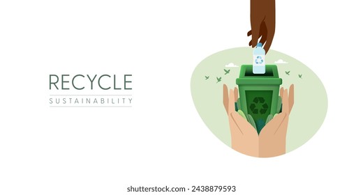 Recycle Concept. Human Hand collecting plastic Bottle into recycling garbage bin. Plastic pollution problem concept. Vector Illustration.