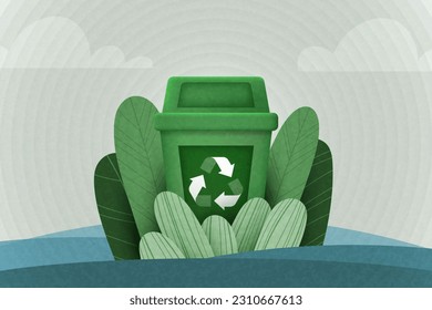 Recycle concept with recycling bin and green leaves background. Ecology and Environment conservation resource Sustainable development. Vector illustration.