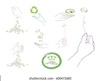 Recycle Concept Or Save The Earth Concept, Hand Drawn Sketch Set of Hand Holding Aluminum Can Cap, Ring Pulls, Pop Tops and Recycling Symbol. Isolated on White Background.