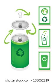 Recycle Concept Or Save The Earth Concept, An Illustration Collection of Open Green Can with A Recycle Sign and Recycling Bins