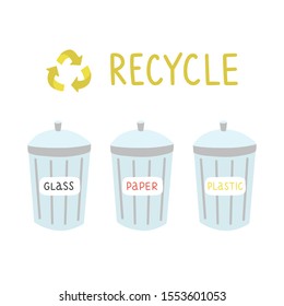 Recycle concept vector illustration. Bins with glass, paper and plastic. Waste sorting concept. Save the planet theme