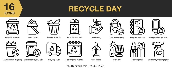 Recycle Day icon set. Includes environment, day, pollution, recycle, ecology, green, and More. Outline icons vector collection.