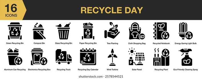 Recycle Day solid icon set. Includes environment, day, pollution, recycle, ecology, green, and More. Solid icons vector collection.