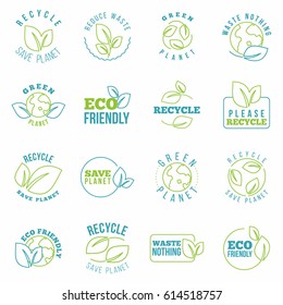 Recycle eco badges set. Collection of eco symbols on white background. Isolated. Vector