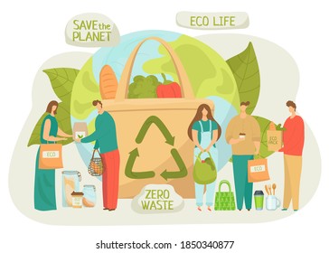 Recycle eco bag, zero plastic waste for environment ecology, vector illustration. Flat organic reuse, ecological friendly and reuse bag. Man woman character care about nature, bio shopping.