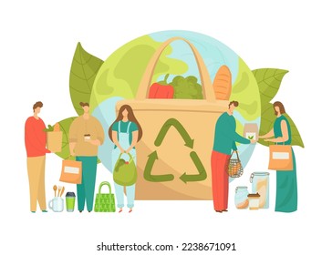 Recycle eco bag, zero plastic waste for environment ecology, vector illustration. Flat organic reuse, ecological friendly and reuse bag.