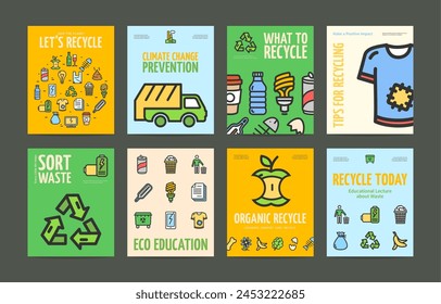 Recycle and Eco Education Concept Placard Poster Invitation Banner Card Set with Thin Line Elements. Vector illustration