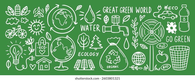 recycle eco friendly and green world concept doodle hand drawn icon set. Outline drawing recycle eco friendly line clipart symbol collection. Vector illustration