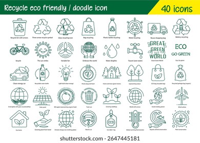 reciclar eco amigável e verde mundo conceito doodle mão desenhado ícone conjunto. Desenho de contorno reciclar eco amigável linha clipart símbolo coleção
