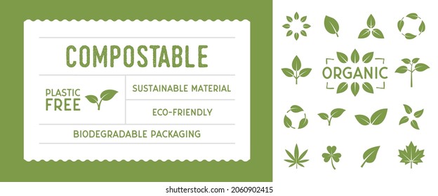 Recycle eco tag template. 14 leaves icons for eco, biodegradable, compostable, recycle design. Vector illustration