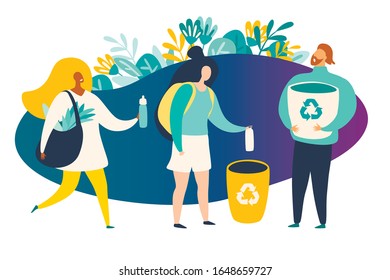 Recycle, ecological lifestyle vector illustration. Zero waste concept. Happy eco friendly woman with a canvas shopping bag. Woman throws trash in the trash can. Man with recycling basket 