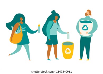 Recycle, ecological lifestyle vector illustration. Zero waste concept. Happy eco friendly woman with a canvas shopping bag. Woman throws trash in the trash can. Man with recycling basket 