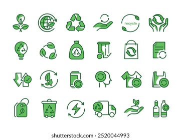 Recycle, ecology and environment line icons set. sustainability, nature, recycle, renewable energy, eco-friendly, forest, wind power, green symbol. vector design. 