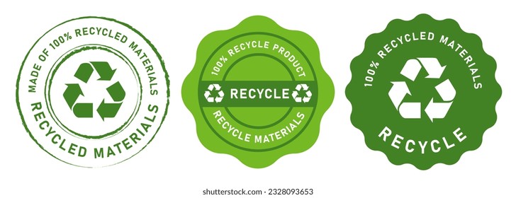 Recycle emblem round tag 100 percent made from recycle materials green