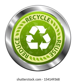 Recycle emblem or symbol with text recycle, reuse, reduce green metal icon isolated on white background. Vector illustration
